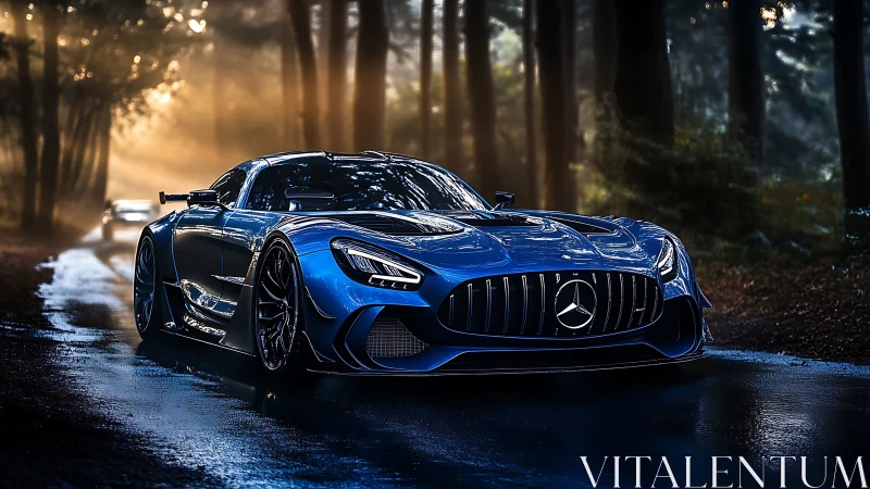 Sleek blue supercar glides through a misty forest road at dawn