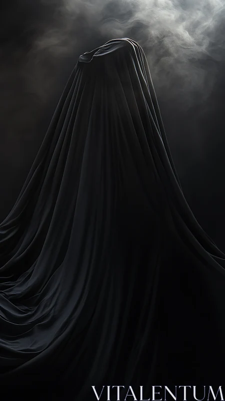 Shrouded monolith beneath flowing black drapery.