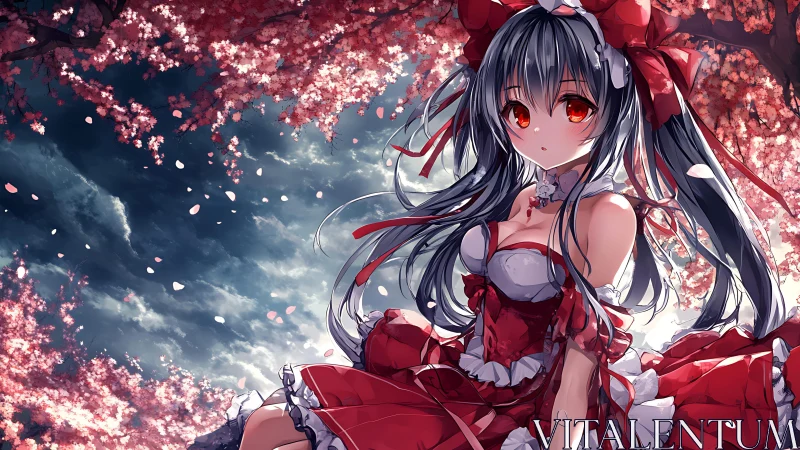 Red-eyed anime girl under swirling cherry blossoms at dusk