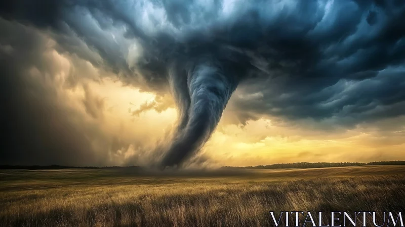 Twilight tornado unravels the sky above wind-swept plains.