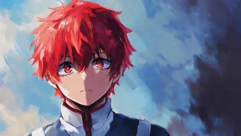 Red haired anime boy under dramatic sky portrait.
