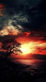 Dramatic crimson seascape sunset with silhouetted coastal tree.