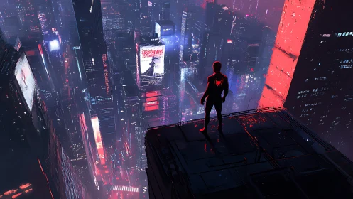 Silhouetted spider-hero surveying neon cyberpunk megacity skyline