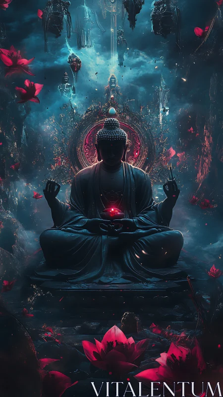 Celestial lotus monk guarding a crimson cosmic heartbeat.