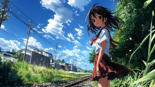 Anime schoolgirl stands by rural railway under vivid summer sky