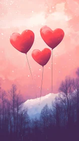 Heart Balloons Ascending Through Pink Sky.