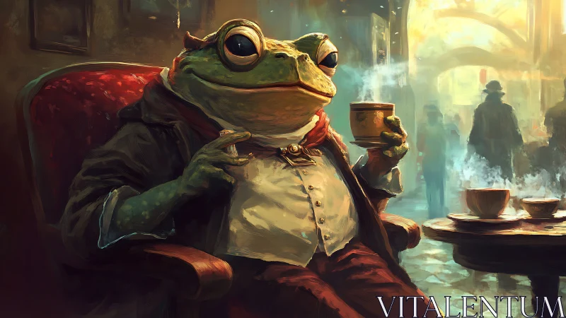 Frog gentleman in caf&eacute; armchair holding steaming teacup