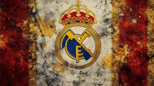 Real Madrid style crest centered on distressed tricolor background