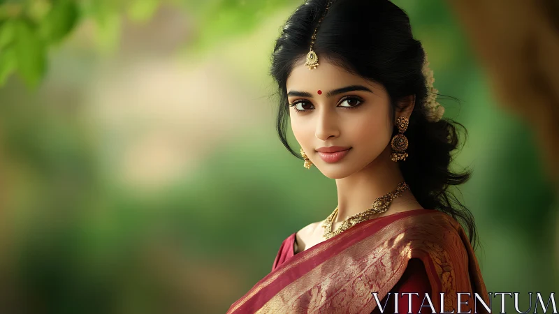 Elegant Indian woman in traditional saree, natural light portrait.
