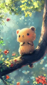 Digital painting of a fluffy forest creature on a sunlit branch.