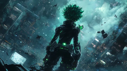 Green-haired cyber hero surveys tilted neon cityscape at night