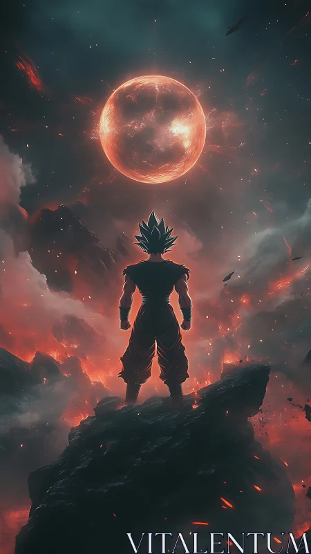 Warrior silhouette confronts blazing celestial sphere in storm