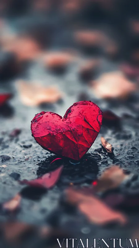 Red heart-shaped object on wet surface with blurred background.
