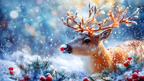 Snow-kissed reindeer resting in a dreamy winter glow.