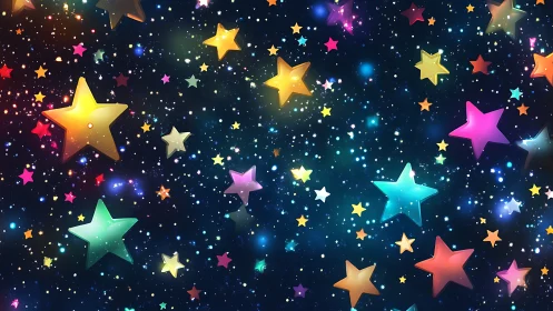 Multicolored star shapes over dense cosmic style background.