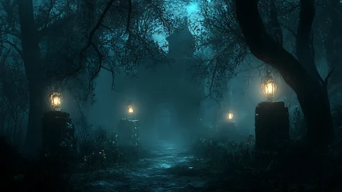 Foggy forest manor glows under eerie blue moonlight