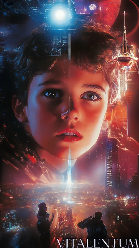 Augmented child gazes over neon megacity in luminous cyber skyline