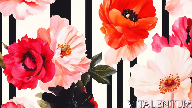 Stratified Floral Composition with Gradient Peonies and Anemones on Monochromatic Striping