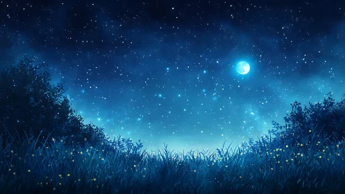Moonlit meadow with dense star field above calm horizon