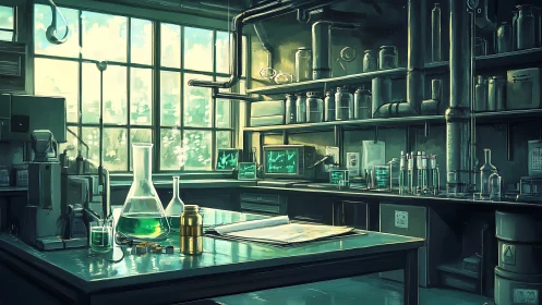Green reagent laboratory bench anchors a retrofuturist research scene
