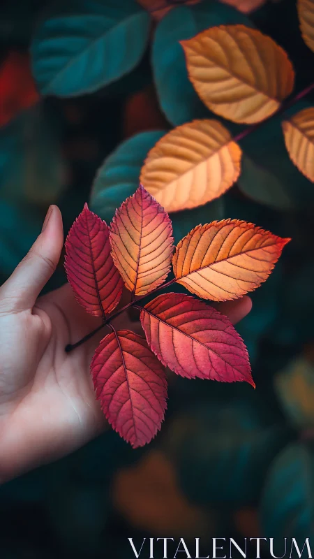 Macro close-up of autumn rose leaves in human hand outdoors