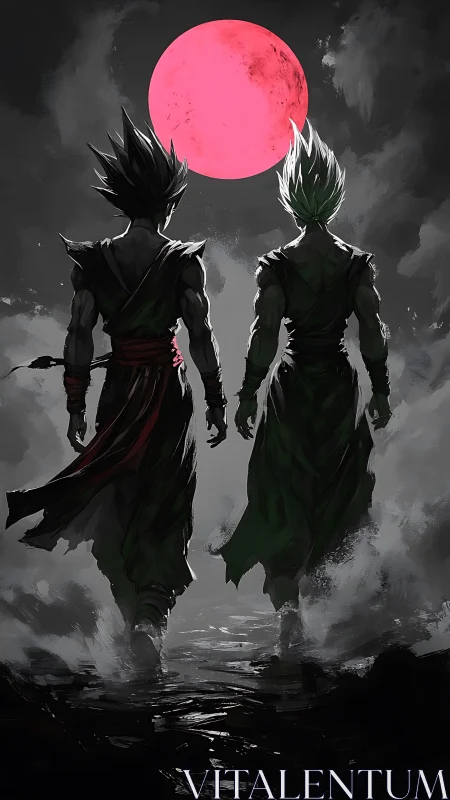 Warrior silhouettes stride toward vivid crimson moon