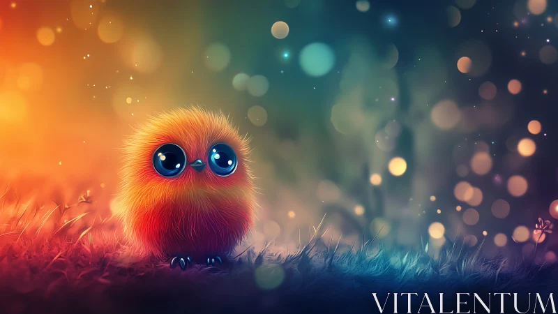 Fluffy neon chick with big eyes in glowing bokeh field.