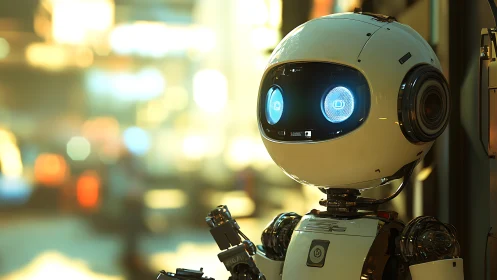 Friendly service robot watches neon city nightlife calmly.
