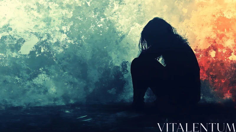 Silhouetted seated figure is framed by contrasting color fields