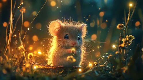 Bioluminescent meadow mouse holding luminous firefly orb at dusk