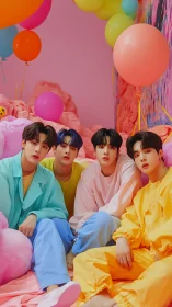 Four seated figures wear coordinated pastel and neon outfits