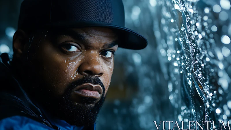 Intense man in cap stares through rain-splattered window.