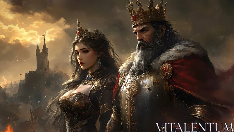 Royal warrior couple rule stormlit medieval kingdom.