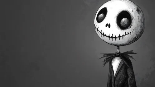 Gentle skeleton dandy smiles into a velvety gray void.