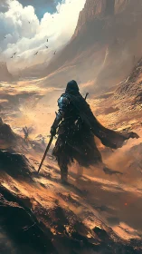 Lone armored wanderer strides through burning canyon storm.