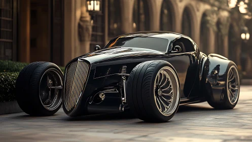 Sleek black hot rod supercar on elegant city promenade.