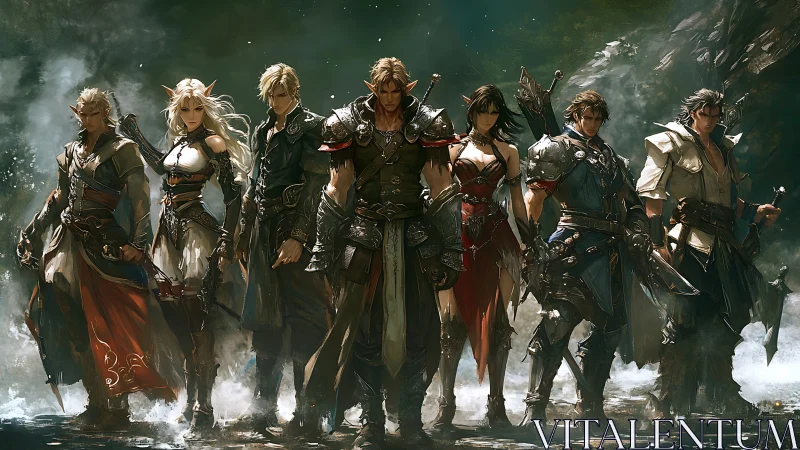 Fantasy warrior formation in misty forest environment.