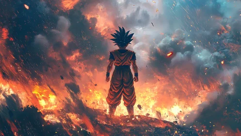Saiyan warrior faces molten sky over burning battlefield.