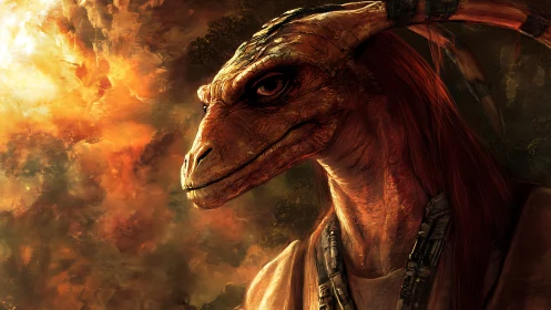 Horned reptilian warrior framed by molten sky glow.