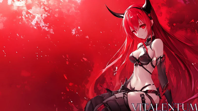 Red monochrome anime demon girl sits in fragmented space