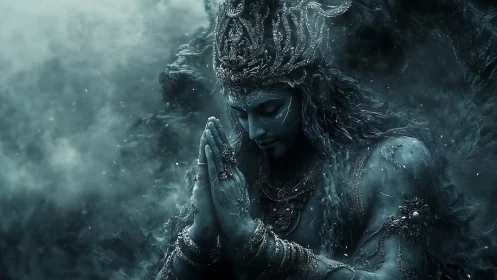 Blue-toned divine figure in prayer amid swirling mist.