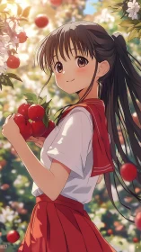 Anime schoolgirl collecting red apples in sunlit orchard.