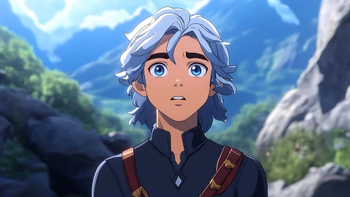 Young silver-haired adventurer gazes in awe at vast landscape.