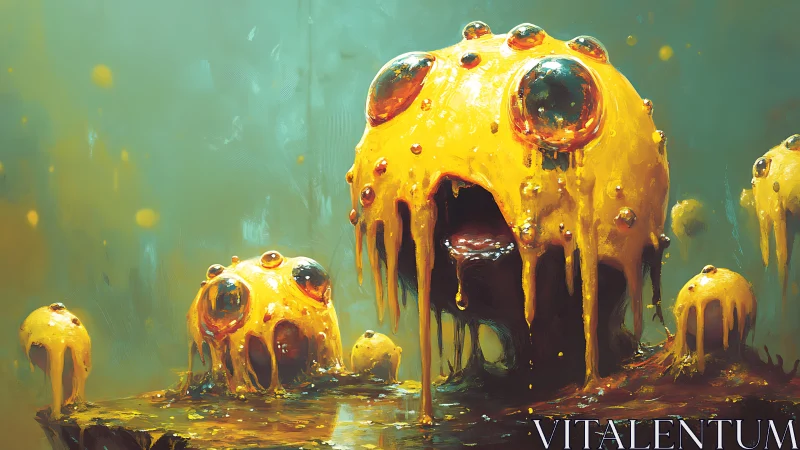 Gooey golden monsters sharing a weirdly lovable moment.