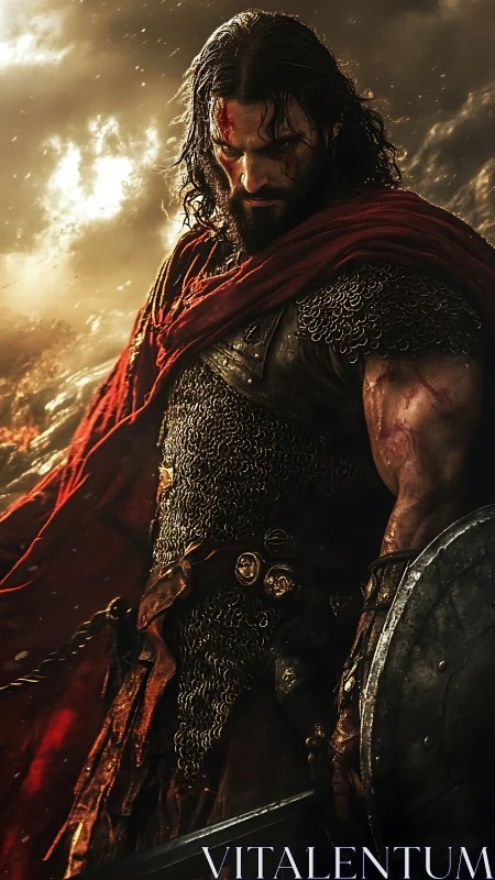 Battle-scarred warrior in chainmail with crimson cloak.