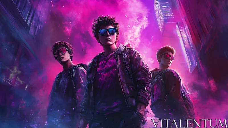 Neon street crew under cyberpunk city glow at night.