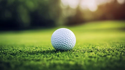 Golf ball rests on vibrant green fairway at golden hour.