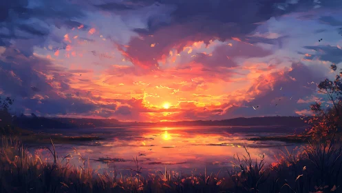 Luminous lake horizon at sunset with dramatic cloud strata