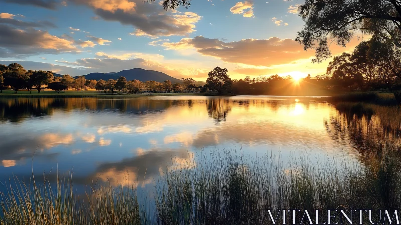 Sunlit lake horizon captures mirrored clouds and distant ridges