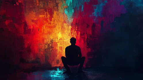 Silhouetted figure kneels before glowing abstract color wall.